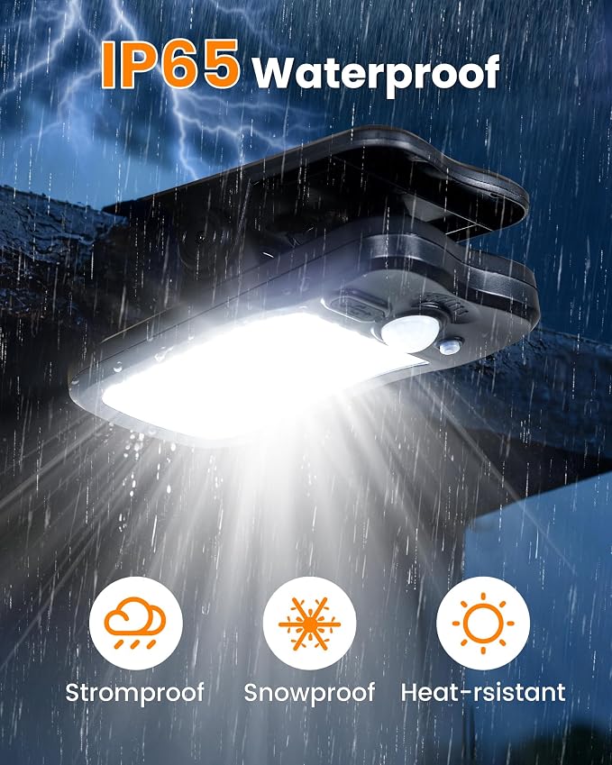 Clip on Solar Lights Outdoor, 3 Modes Solar Motion Sensor Lights Outdoor, 60LEDs 500LM Solar Powered Security Lights for Fence, Deck, Garage, Camping, USB Charging, 4 Black