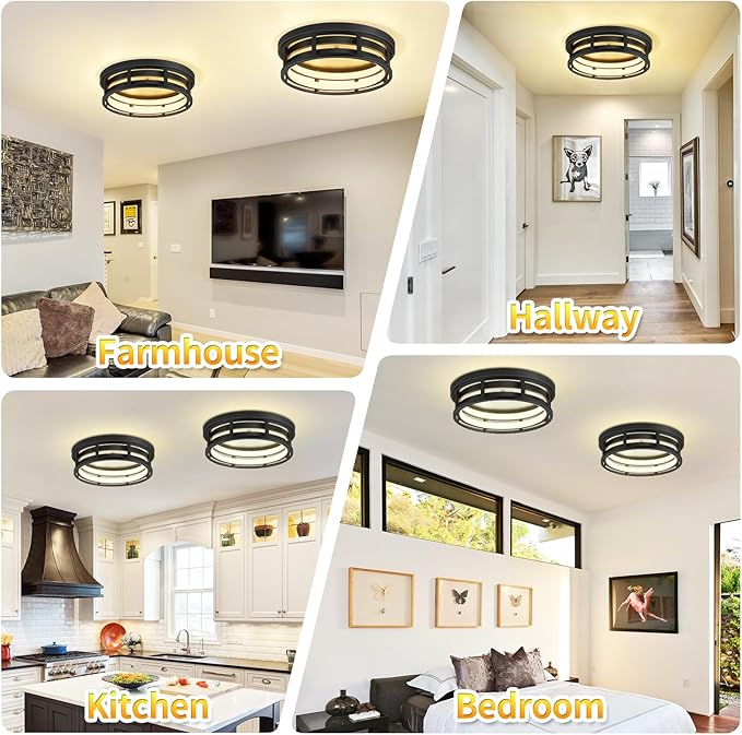 LED 13 inch Flush Mount Ceiling Light Fixture,Black Hallway Light Fixtures Ceiling,Light Fixtures Ceiling Mount for Farmhouse,Kitchen,Hall (2 Pack