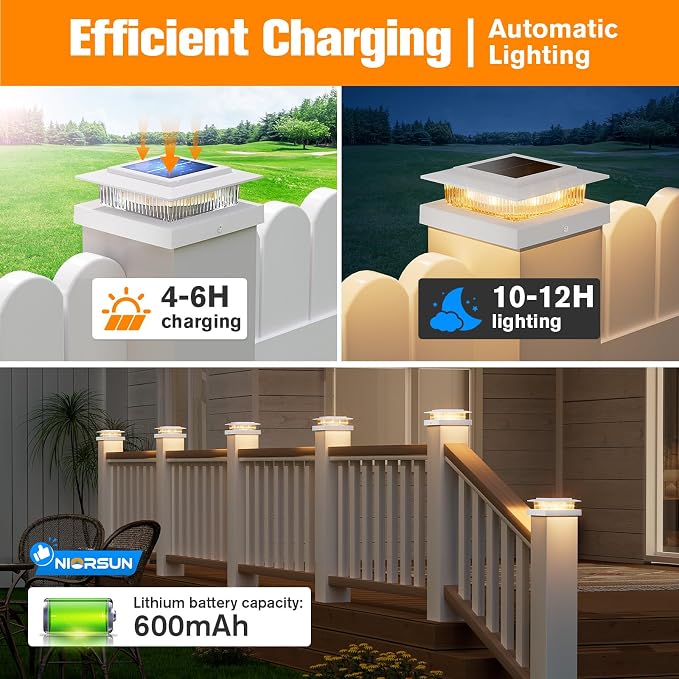 NIORSUN Solar Post Cap Lights Outdoor Waterproof, 4x4 Post Solar Lights RGB Color Changing, Fence Posts Solars Light for Deck Patio Garden Deco, 4x4 Posts Caps Wood Vinyl, 5x5 Vinyl, 16 Pack (White)