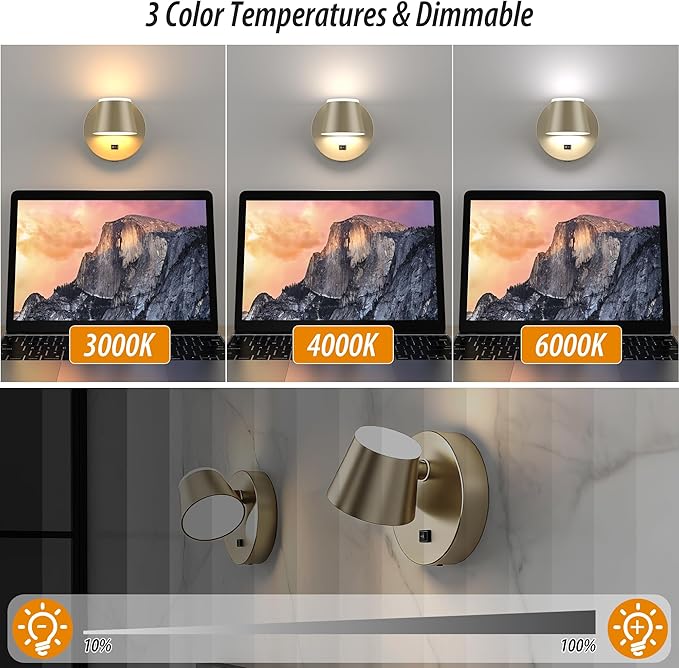 URSOLA Battery Operated Wall Sconce with Remote, LED Rechargeable Battery Wall Light with 9000mAh 3CCT and Dimmable Magnetic 360° Rotation Cordless Light for Bedroom（Champaign）