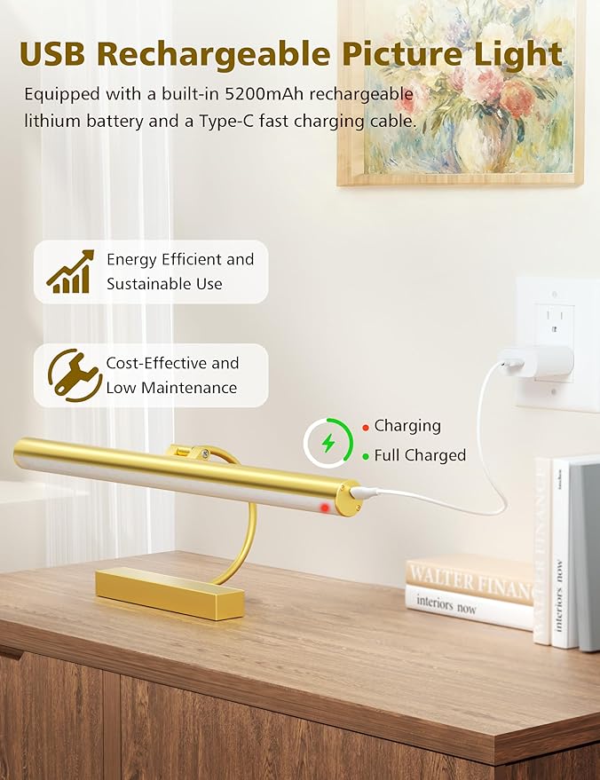 VOLISUN Picture Lights for Wall, 16 inch Rechargable Picture Light Battery Operated, 3 Color Temperatures Cordless Picture Light with Remote, Art Light for Paintings, Gallery, Portrait, 1 Pack (Gold)