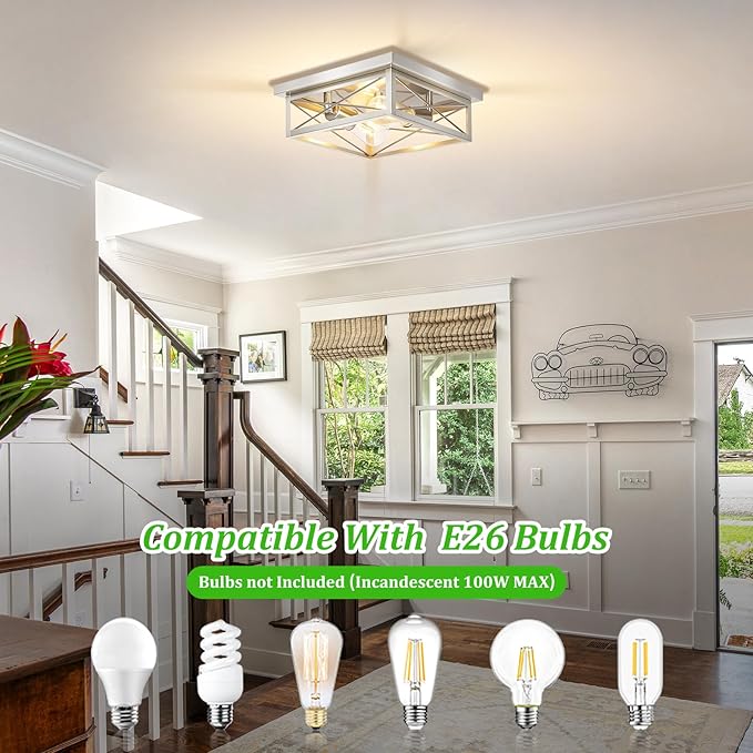 Brushed Nickle Hallway Light Fixtures, 2-Light Modern Farmhouse Flush Mount Ceiling Lights, 2-Pack Chrome Kitchen Light Fixtures, Square Close to Ceiling Lights for Bedroom Living Room Entryway