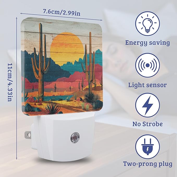 Sunset Desert Cactus Night Light with Dusk to Dawn Light Sensors, Plug-in Wall Led Night Lights, Energy Efficient Lamp for Bedroom,Bathroom,Kitchen,Hallway,Stairs, Gifts Ideal for Girls Women