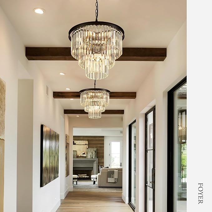 8-Light Black Crystal Pendant Light, 3-Tier 17.76" Luxury Crystal Pendant Light Perfect for Dining Room, Bedroom, Kitchen, Living Room