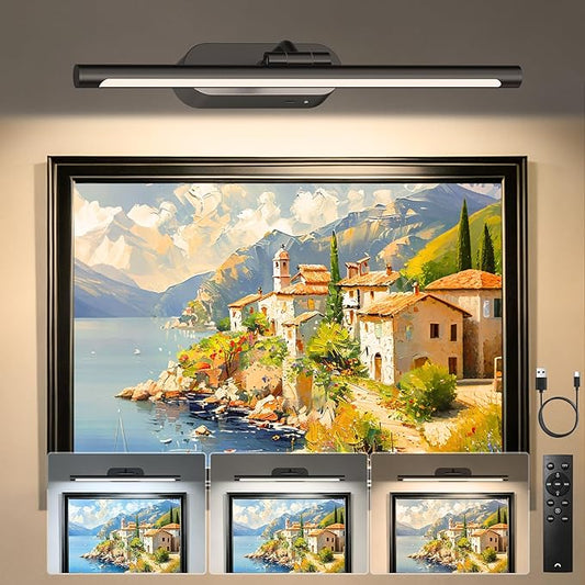 Glendan Wireless Picture Light for Wall: 16" Rechargeable Art Light with Remote & Timer, 5000mAh Battery Operated Poster Lights, 3 Color Modes & 3 Brightness Levels for Pictures, Gallery, Frame