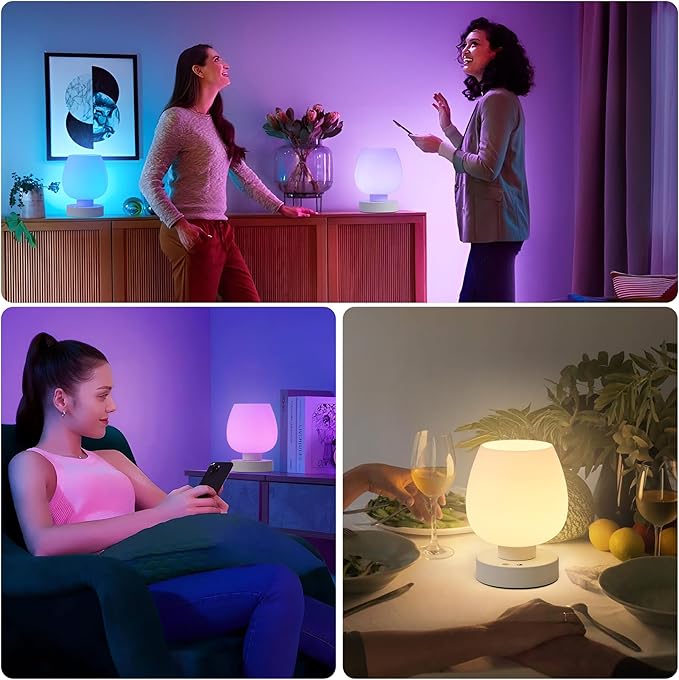 KARTOOSH Cordless Touch Bedside Table Lamp, Rechargeable Battery Operated Desk Lamps with 8 RGB Colors, Dimmable Small Glass Nightstand Light for Living Room Bedroom Kitchen Counter