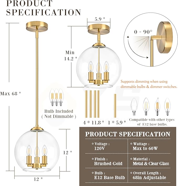 12" Gold Pendant Lights 2 Pack Glass Globe Pendant Light Fixture Bedroom Mid Century Modern Pendant Lighting Brass Pendant Light for Kitchen Island Bedroom Living Room (Bulb Incl.)