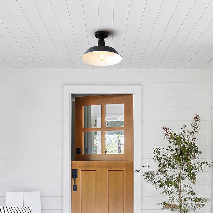 JONATHAN Y 14" Navy/Black 1-Light Industrial LED Semi Flush Mount Ceiling Light for Porch, Kitchen, Entryway, Modern Farmhouse Iron Fixture, White Metal Shade, LED Bulb Included (JYL7617C)
