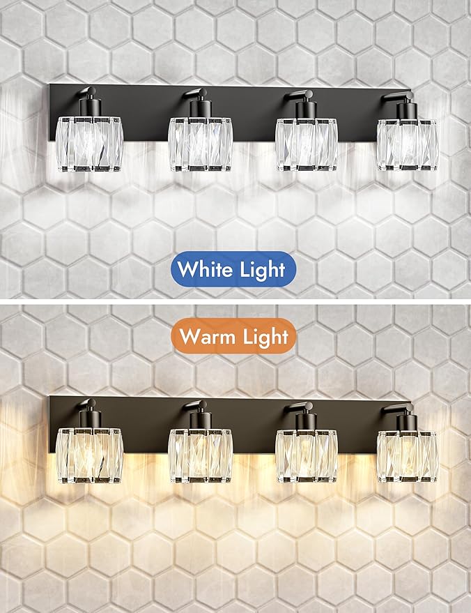 VOLISUN Crystal Vanity Lights for Bathrooms, 4 Light Bathroom Vanity Light, Modern Matte Black Bathroom Light Over Mirror, Black Bathrooms Lights Fixtures-UL Certificated(Exclude Bulb)
