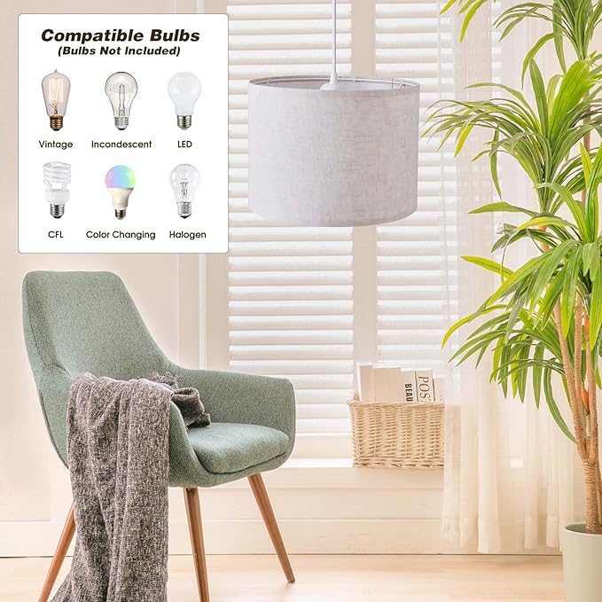 KUAUGST Plug in Pendant Light, 15 FT Hanging Lamp with Plug in Cord, On/Off Switch, Pendant Lighting with Fabric Shade, Hanging Light Fixture for Living Room, Bedroom, Dining Room, Kitchen
