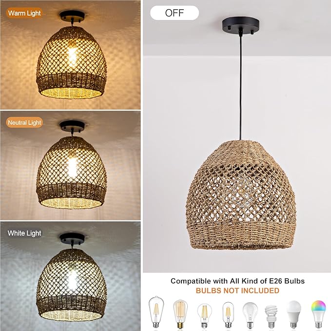 Boho Rattan Pendant Lights 13.8IN Farmhouse Dining Room Light Fixtures Hand-Woven Seagrass Chandelier Coastal Wicker Hanging Lighting for Kitchen Island Entry Living Room Bedroom Foyer Restaurant