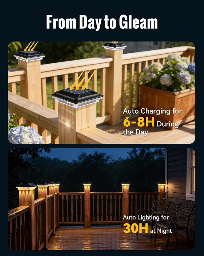 Solar Post Cap Lights 16 LEDs Outdoor Waterproof 12 Pack for 4x4 Vinyl/Wooden Fence Post Light Solar Powered with 3000/4500/6000K 3 Modes, Deck Post Cap Light for Garden, Patio, Porch