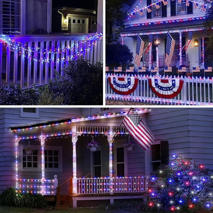 4th of July Red White and Blue Solar String Lights Outdoor, 2 Pack 80FT 200 LED Solar Fairy Lights for Independence Day Decor, Outdoor Twinkle Lights Waterproof with 8 Modes, Garden Yard