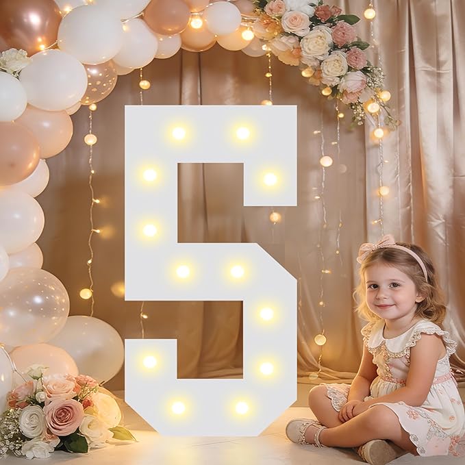 Pooqla 2.4FT Light Up Numbers, Marquee Numbers 2.4 Feet Tall Party Decor for Her Him, Mosaic Big Sign for 5th 15th 50th Birthday Anniversary Decoration Backdrop, Large Pre-Cut Frame Number 5