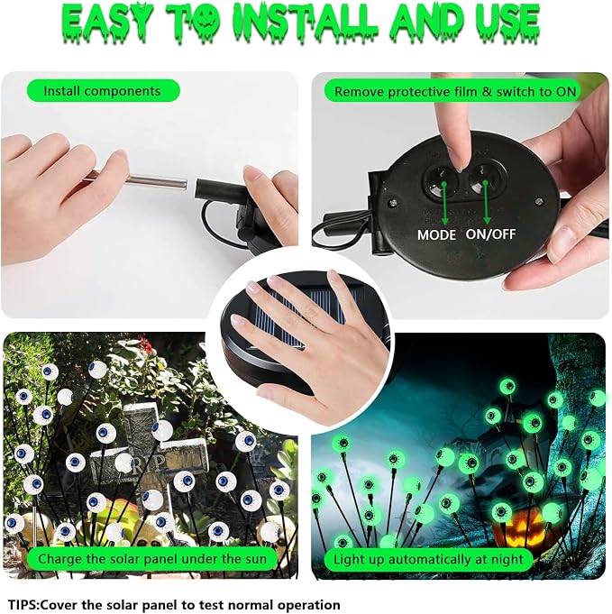 YIQU 4 Pack Solar Halloween Lights Outdoor, Solar Eyeball Lights, 24 LED Green Eyeball Swaying Light with 2 Lighting Modes, Waterproof Outdoor Halloween Decorations for Walkway Yard Lawn Horror Party