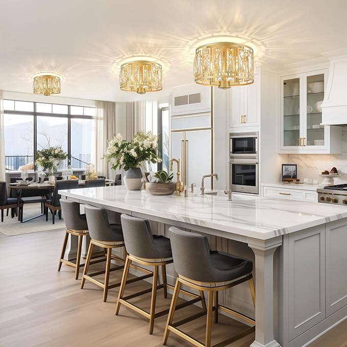 Crystal Flush Mount Ceiling Light, Gold Hallway Lights Ceiling Mounted Small Flush Chandelier for Bedroom Foyer
