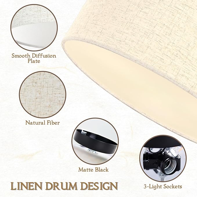 12.6 Inch Flush Mount Ceiling Light Black Close to Lights Fixture with Fabric Shade 3-Light Drum Modern Lights for Dining Room Bedroom Hallway