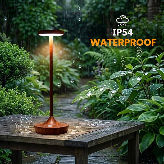 Rechargeable Cordless Table Lamp, 6000mAh Battery Powered LED Desk Lamp, Portable Metal Touch Lamp with 3-Level Dimming, Waterproof Outdoor Light for Patio, Restaurant, Dining (2 Woodgrain)