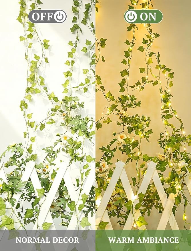 Vines with Fairy Lights,13ft Ivy Garland String lights with Remote,40 LED Fake Leaf lights USB/Battery Operate for Dorm,Bedroom,Wall,Celling,Curtain,Photo, Wedding,Christmas Decor(Warm White)