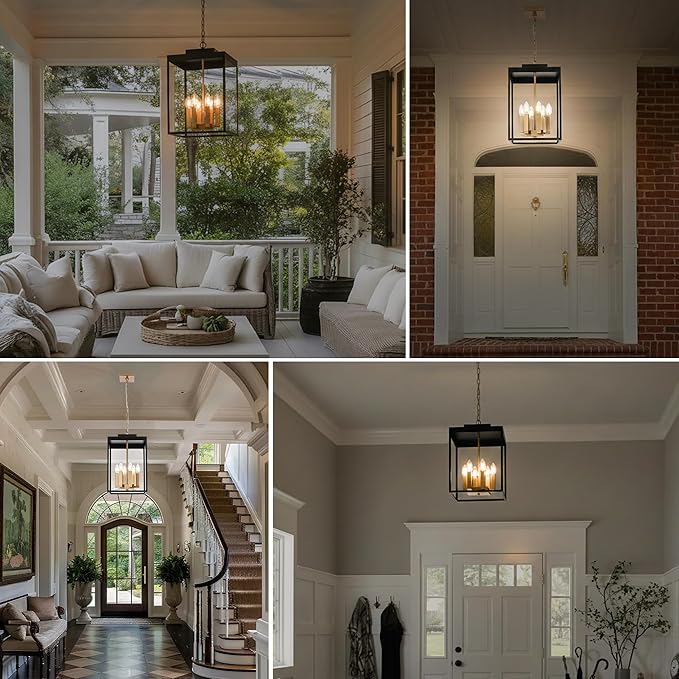 MELUCEE Large Outdoor Pendant Light Fixtures 6-Light Hanging Porch Lights Ceiling Mount 16'' Lantern Pendant Lights Black Brass Outside Chandelier with Clear Glass for Porch Patio Gazebo Entrance
