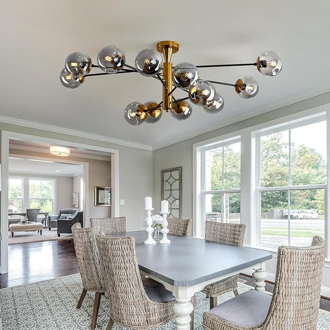 hesoge Large 12 Light Sputnik Semi Flush Mount Ceiling Light Fixture Gold Mid Century Modern Chandelier with Glass Globe Close to Ceiling Light for Living Room Kitchen Dining Room Bedroom.