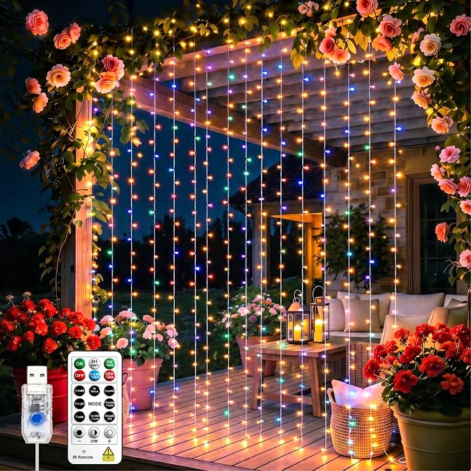 Curtain Light for Bedroom, 200LED 6.6x6.6ft Multicolor Window Wall Hanging Fairy Curtain String Light, 8 Modes Remote Fairy String Lights Indoor for Wedding Party Home Garden Decorations