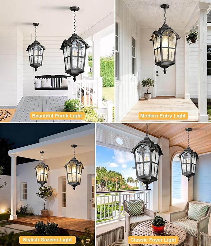 18" Outdoor Pendant Light Dusk to Dawn for Porch, Anti-Rust Aluminum Chandelier, Waterproof Exterior Hanging Lighting Fixture with Ripple Glass for Gazebo, Black with Golden Edge