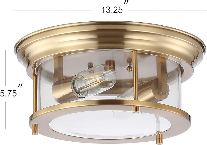 JONATHAN Y 13.25" Brass Gold 2-Light LED Flush Mount Ceiling Light Fixture, Modern Clear Glass Drum Shade, Industrial Farmhouse Lighting for Kitchen Hallway Bedroom JYL7446A