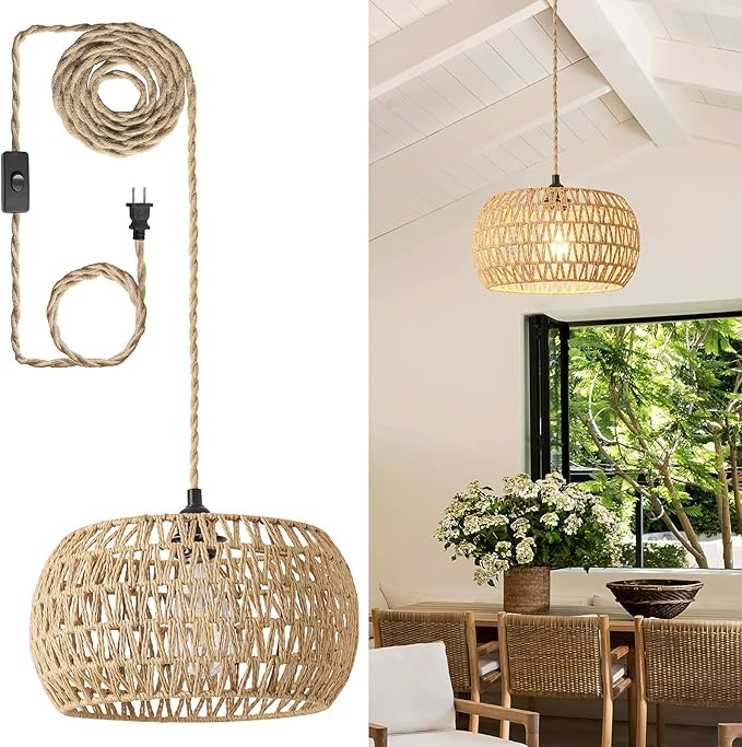Rattan Boho Hanging Light,12.6'' Natural Hand Woven Fabric Drum Light,Plug Into Wall Outlet Pendant Light Fixture On/Off Switch for Dining,Living Room,Bedroom,Kitchen,Hallway Entryway, Without Bulb