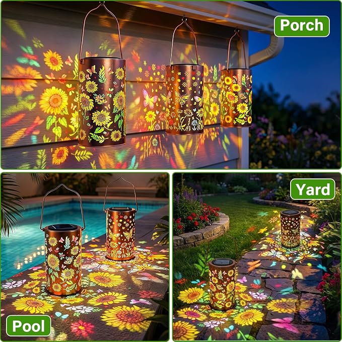 2Pack Colorful Solar Lanterns Outdoor Waterproof, Garden Decor Gifts for Women Mom Grandma - LED Sunflower and Butterfly Solar Powered Lights Metal Hanging Lantern for Outside Garden Patio Yard Porch