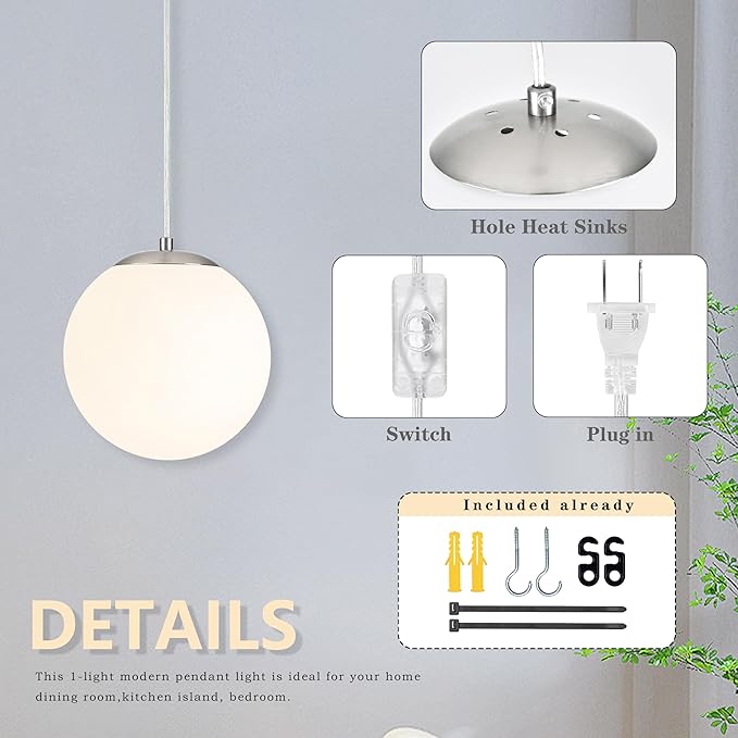 KoKo&Yukina 8" Globe Pendant Light Nickel Plug in Pendant Light Adjustable Hanging Lights with Plug in Cord Nickel Finished with Milk Glass Lampshade for Bedroom Kitchen Island (Bulb Included)