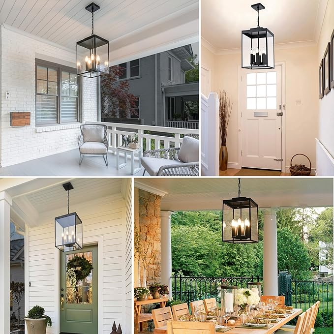 MELUCEE 16'' Large Outdoor Pendant Light Fixture, 6-Light Outdoor Chandelier for Porch Black Lantern Pendant Lights with Clear Glass Exterior Ceiling Lights Hanging for Porch Patio Gazebo Entrance
