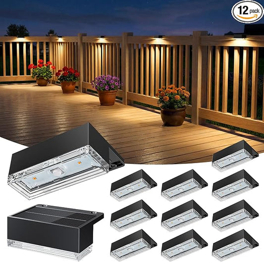 JOFIOS Solar Deck Lights 12 Pack, 3 Color Modes Soft Warm/Natural/Cool Glow, IP65 Waterproof Step Lights for Outdoor Ambiance, Solar Lights for Fence, Deck, Railing, Patio & Backyard Decor (Black)