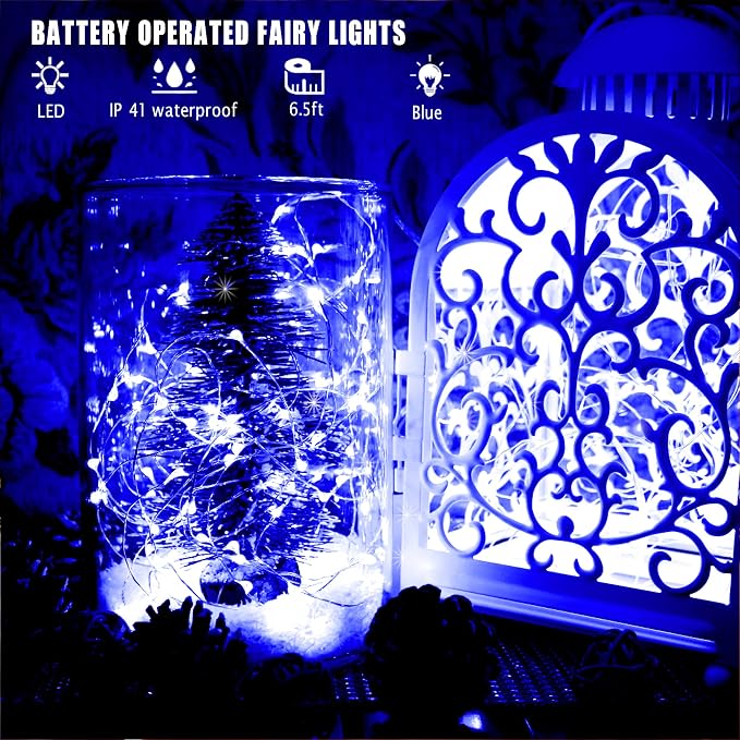 [6-Pack] 7Ft Starry String Lights No Remote Fairy String Lights 20 Micro Starry LEDs On Silver Wire 2pcs CR2032 Batteries Included,Works for Wedding Centerpiece,Party,Christmas Table Decor (Blue)