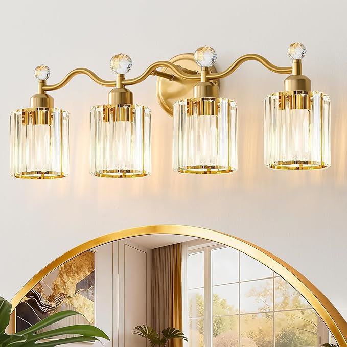 Modern Crystal Bathroom Vanity Light, 4-Lights Bathroom Light Fixtures, Brass Gold Vanity Lighting Fixtures Over Mirror, Brushed Wall Sconce Light for Bedroom, Kitchen, Living Room, Gallery, E26 Base
