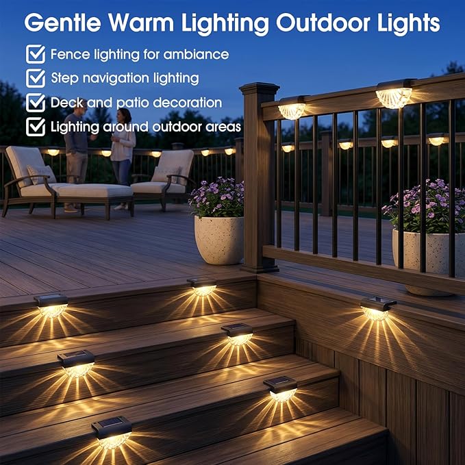 Greluna Solar Fence Lights Outdoor, 12 Pack Waterproof Deck Lights, Auto Dusk to Dawn Step Lights with Warm White Glow, Easy Install for Fence, Patio, Stairs, Pathway, Garden Lighting