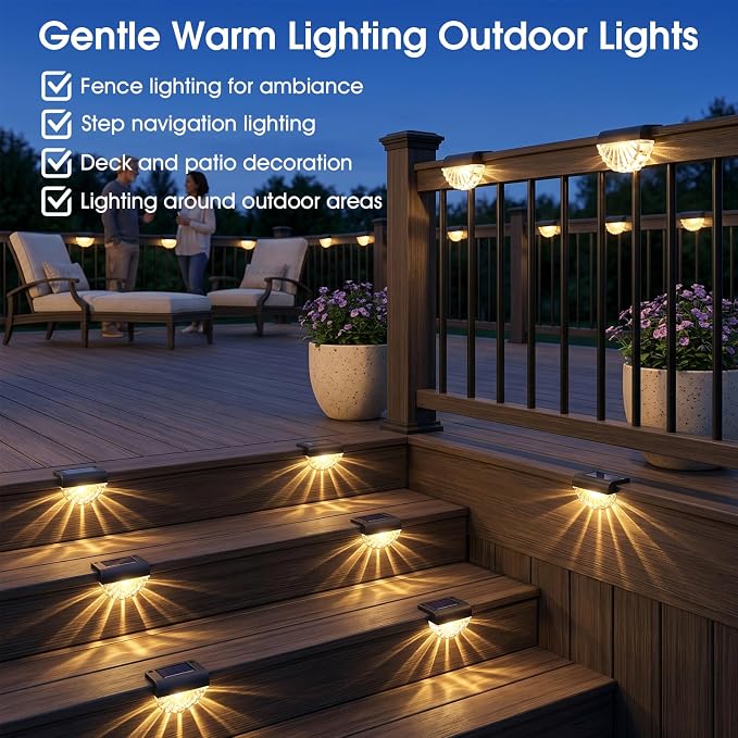 Greluna Solar Fence Lights, 8 Pack Waterproof Deck Outdoor Lights, Auto Dusk to Dawn Step Lights with Warm White Glow, Easy Install for Fence, Patio, Stairs, Pathway, Garden Lighting