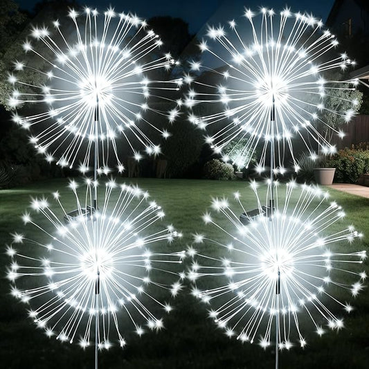 JJGoo Solar Firework Lights, 4 Pack 120 LEDs 2 Lighting Modes Solar Garden Lights Outdoor Waterproof for Yard Patio Walkway Pathway Party Wedding Christmas Decorative - White