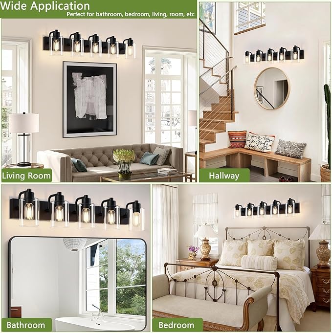 Dpyrrhic Matte Black Bathroom Light Fixtures,5-Light Bathroom Lights Over Mirror with Clear Glass Shade,Wall Sconces for Bathroom, Bedroom, Hallway
