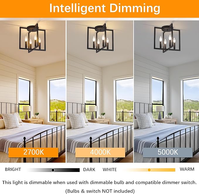 Semi Flush Mount Ceiling Light Fixture, 4-Light Black Ceiling Light Fixture, Modern Farmhouse Industrial Close to Ceiling Lights for Kitchen Living Room Bedroom Hallway Foyer