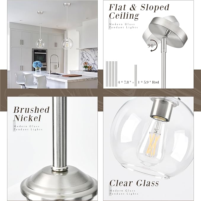 7 Inch Nickel 2-Pack Modern Pendant Lights Kitchen Island Mid Century Modern Pendant Light Fixtures with Clear Glass Globe Modern Hanging Pendant Light for Bathroom Bedroom （Bulb Incl）