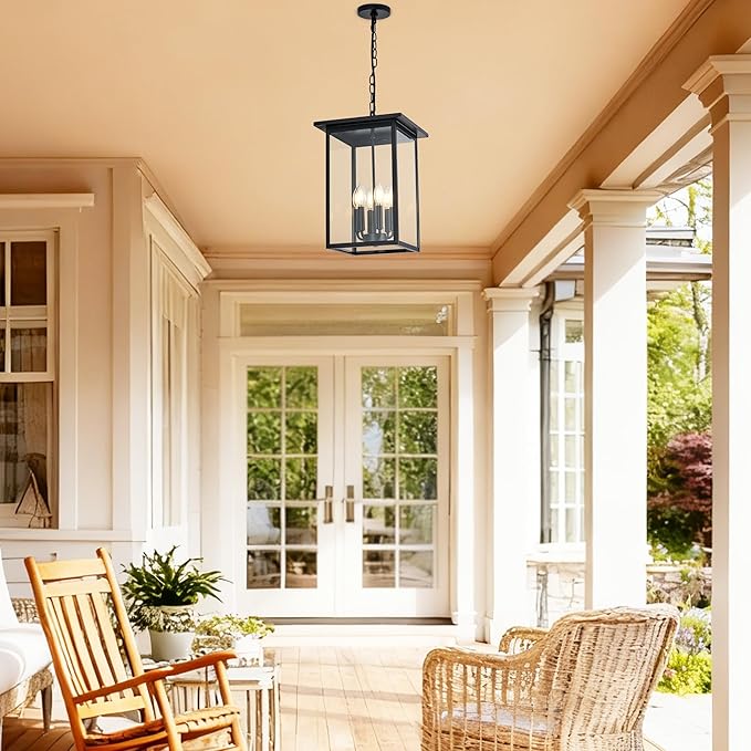 Outdoor Chandelier Modern Pendant Light,6 Light Black Exterior Ceiling Hanging Lanterns with Clear Glass, Farmhouse Outdoor Chandelier for Front Door Entry Patio, (Bulb Not Included)