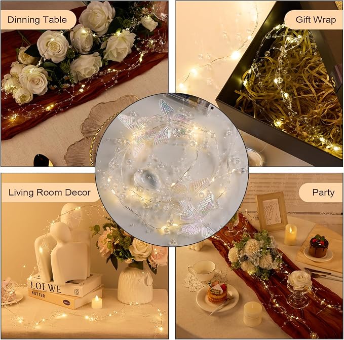 AdasBridal Iridescent Butterfly Fairy Lights, 3.28ft LED Lights Battery Operated, 3-8mm Artificial Beads Mixed 4 Butterflies String Light for Indoor Bedroom Christmas Wedding Party Dorm (2pcs)