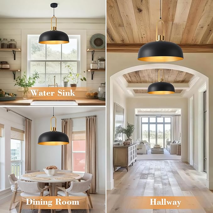 Matte Black Dome Pendant Light 18" Large Farmhouse Pendant Lighting Fixture Vintage Black and Gold Chandeliers for Dining Room, Kitchen Island, Bedroom, Hallway