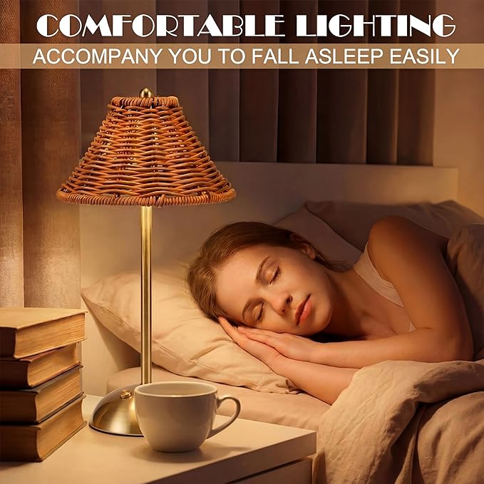 2 Pack Wedding Rattan Bow Cordless Table Lamps Rechargeable, Wicker LED Desk Lamp, 3 Colors Smooth Dimming, Portable Table Decor with Bows for Dining