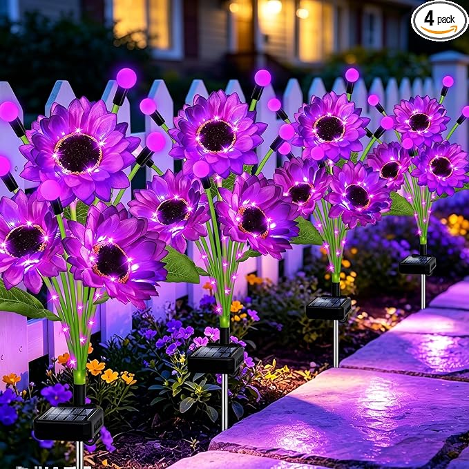 Kohlrabi 4 Pack Purple Solar Sunflowers with Swaying Firefly Lights, Gifts for Mom Women Mothers Day Birthday, Solar Garden Lights Waterproof Firefly Sunflower Light for Outdoor Patio Yard Decor