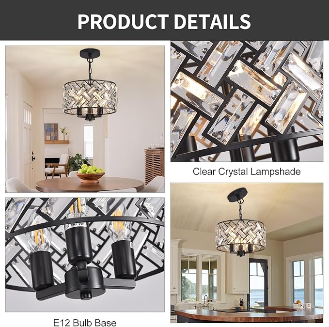 lobolighting Black Crystal Chandelier, 11'' Modern Chandelier, 3-LightSemi Flush Mount Ceiling Light Fixture for Dining Room Foyer Hallway