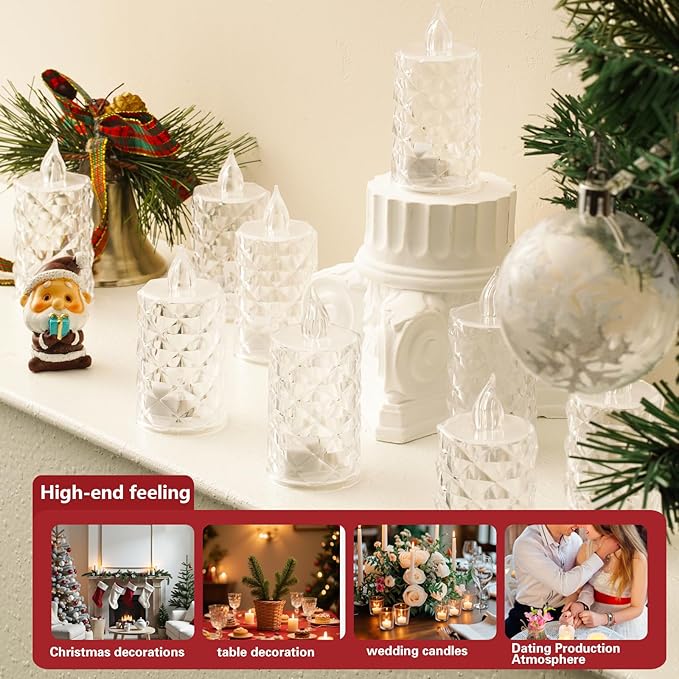 12-Pack Flameless Candles, Battery Operated Crystal LED, 200+H Runtime – Realistic Flickering Light for Table Centerpiece, Safe for Mother's Day, Father's Day, BBQs, Outdoor & Family Gatherings