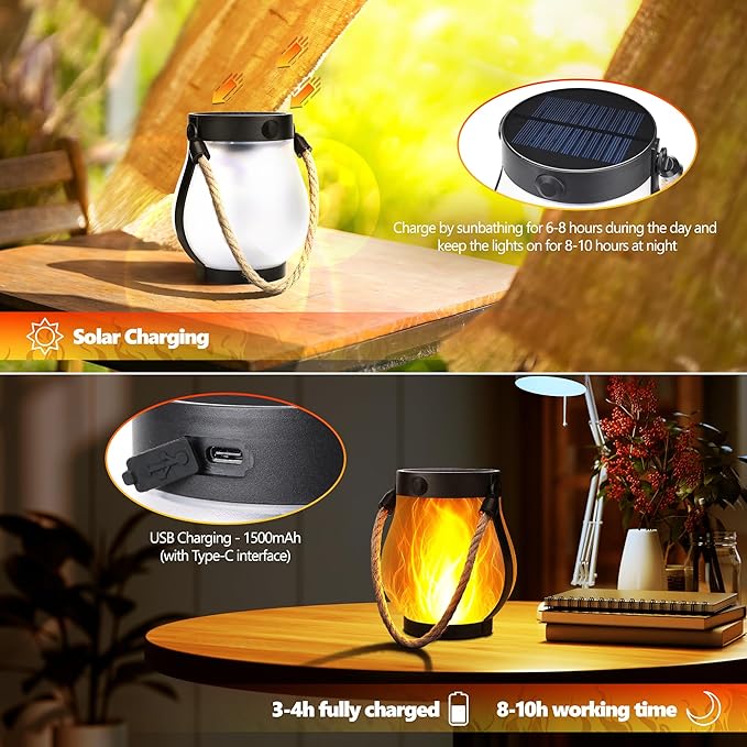 iBaycon 1 Pack Gen2 Solar Lantern Lights USB Ultra-Real Flame, Warm White | Solar Garden Lights with Dual Charging USB & Solar, 2 Modes Outdoor Waterproof Hanging Lantern for Patio Yard Home