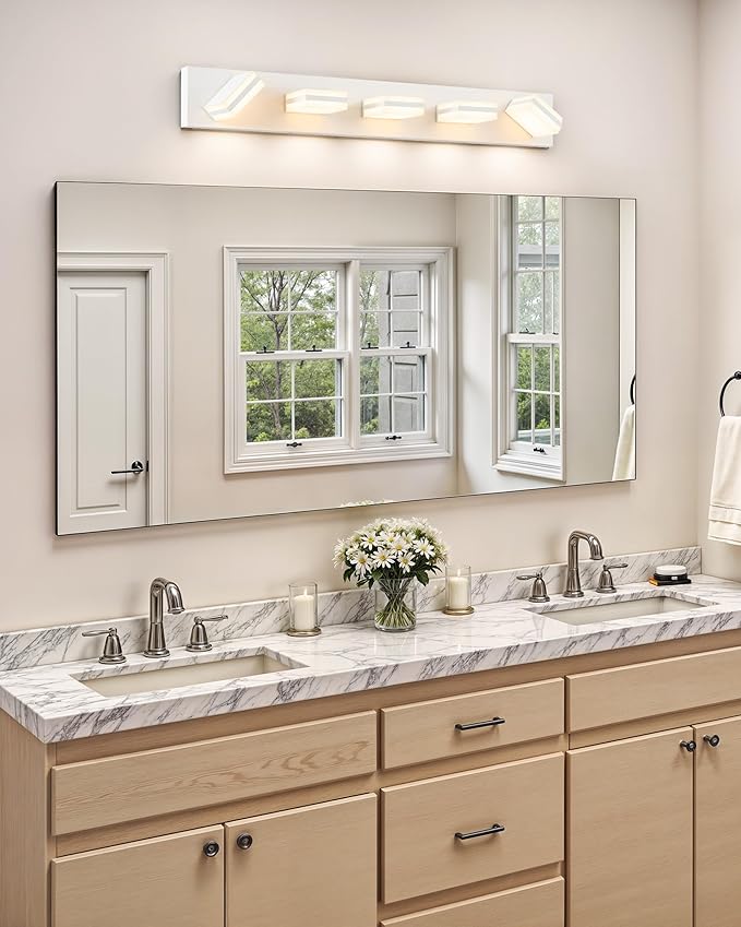 VONLUCE Bathroom Vanity Light Fixture, 5-Light Modern LED Vanity Light, 3CCT Adjustable Bathroom Lights with Memory Function Rotatable Shades, 34" Wall Lighting Fixture Over Mirror, Matte White